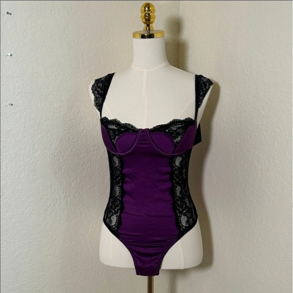 Fredericks of Hollywood Purple Lace Trimmed Satin Bodysuit Teddy Lingerie NWT